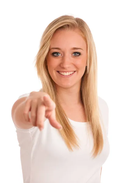 Attractive young blonde gitl pointing index finger — Stock Photo, Image