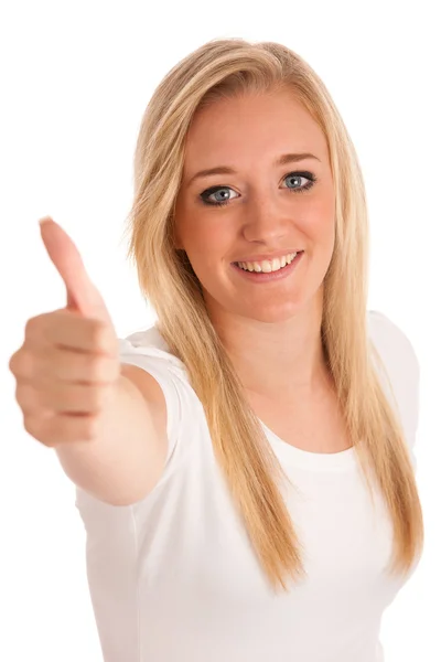 Ragazza gesticolando successo - giovane donna bionda mostrando pollice in su — Foto Stock