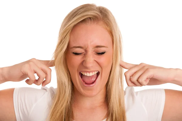 Blonde woman doesn't want to hear — Stock Photo, Image