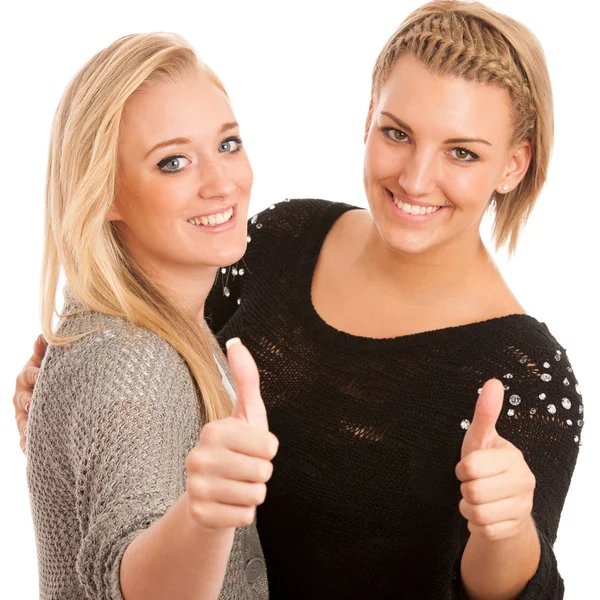 Duas mulheres bonitas gesticulando sucesso — Fotografia de Stock