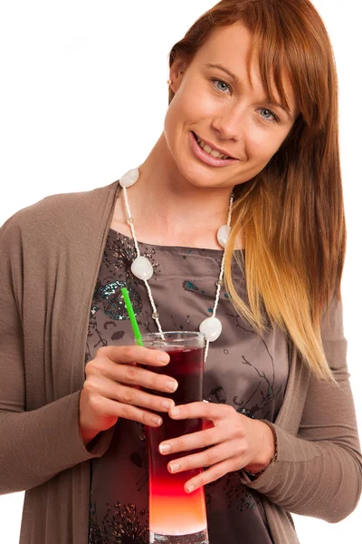 Beautiful young woman with a glass of ice tea isolated over white background — Stock Photo, Image