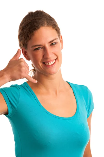 Woman gesturing call me sign — Stock Photo, Image