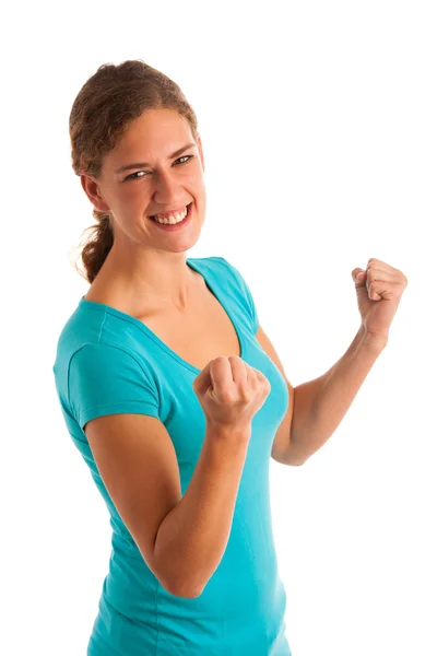 Молодая женщина жестом победу — стоковое фото