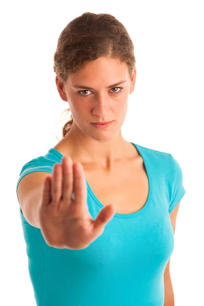 Wütende Frau gestikuliert Stoppschild — Stockfoto