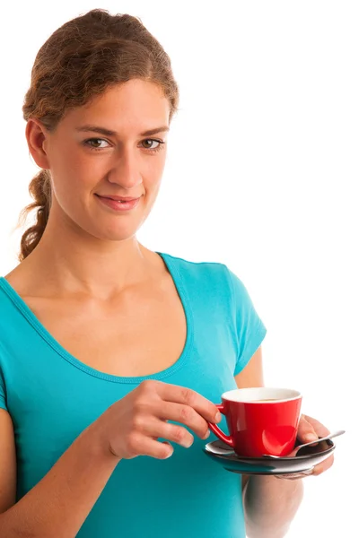 Girl in blue t-shirt drinking coffee — Stock Photo, Image