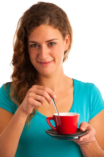 Girl in blue t-shirt drinking coffee — Stock Photo, Image