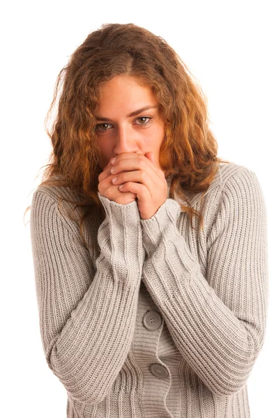 Woman blowing in her hands when feeling cold — Stock Photo, Image