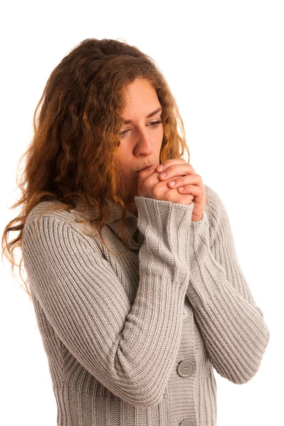 Woman blowing in her hands when feeling cold — Stock Photo, Image