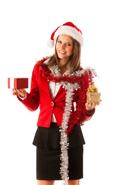 Beautiful young woman in santa claus dress standing isolated ove — Stock Photo, Image