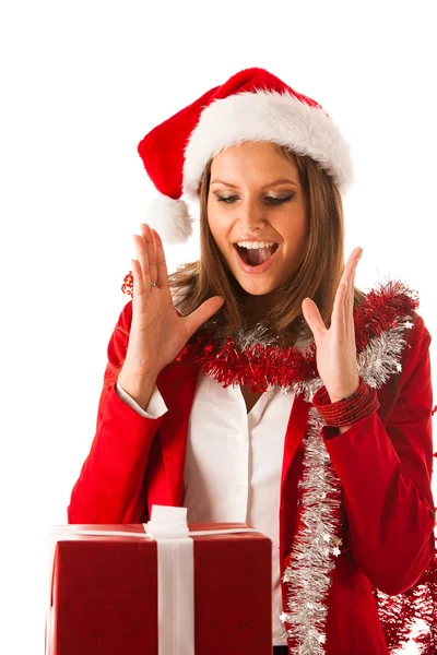 Noel Baba Giydir izole ove duran güzel genç kadın — Stok fotoğraf