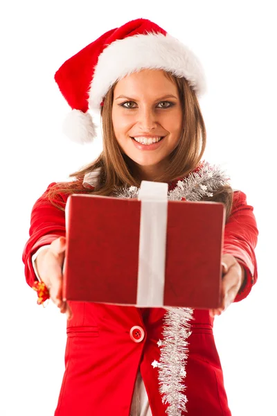 Beautiful young woman in santa claus dress standing isolated ove — Stock Photo, Image