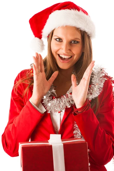 Beautiful young woman in santa claus dress standing isolated ove — Stock Photo, Image