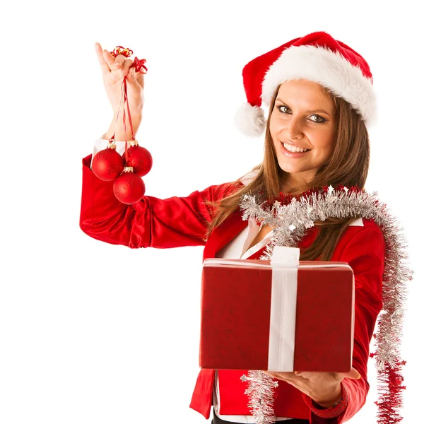 Beautiful young woman in santa claus dress standing isolated ove — Stock Photo, Image