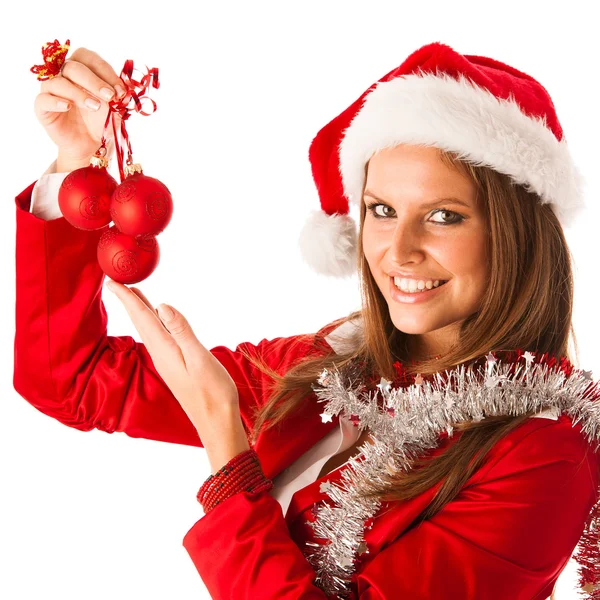 Bela jovem mulher no santa claus vestido de pé isolado ove — Fotografia de Stock