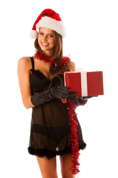 Attraktives brünettes Mädchen in schwarzem Kleid mit Weihnachtsmütze und Chris — Stockfoto