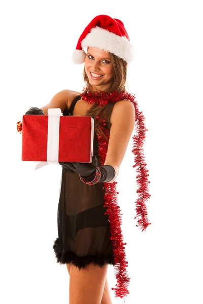 有吸引力的布女孩黑色裙与圣诞老人的帽子和克里斯 · — 图库照片