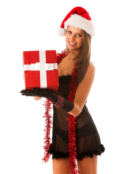 Attractive brunete girl in black dress with santa hat and chris — Stock Photo, Image