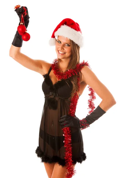 Attraktives brünettes Mädchen in schwarzem Kleid mit Weihnachtsmütze und Chris — Stockfoto