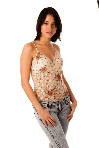 Beautiful asian caucasian woman in jeans and short summer shirt — Stock Photo, Image