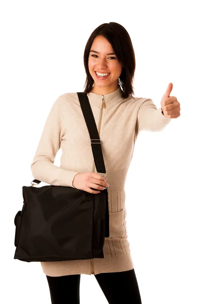 Atraente asiático caucasiano mulher estudante com maleta mostrando — Fotografia de Stock