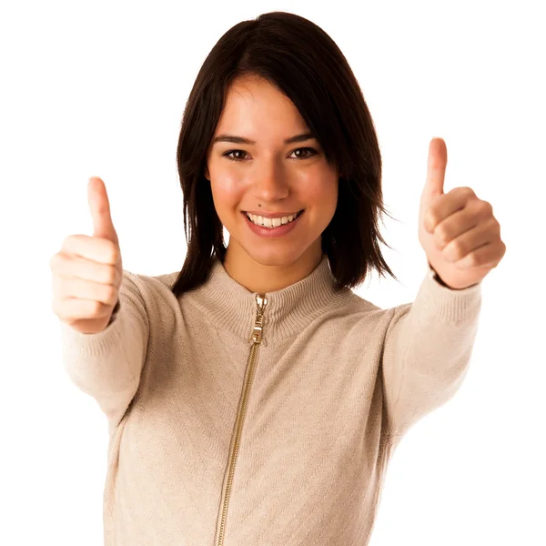 Beautiful young asian caucasian woman in sweater showing thumb u — Stock Photo, Image