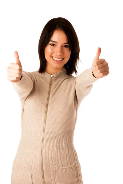 Bela jovem ásia caucasiano mulher no suéter mostrando polegar u — Fotografia de Stock