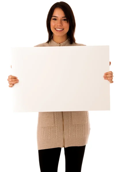 Beautiful young asian caucasian woman with whiteboard isolated o — Stock Photo, Image