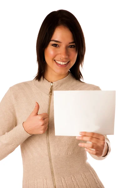 Beautiful young asian caucasian woman holding a blank card in he — Stock Photo, Image