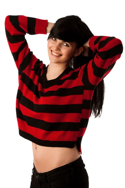 Wh üzerinde izole kırmızı ve siyah süveterli çekici genç kadın — Stok fotoğraf