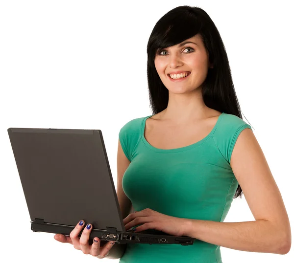 Attractive young woman with laptop isolated over white — Stock Photo, Image