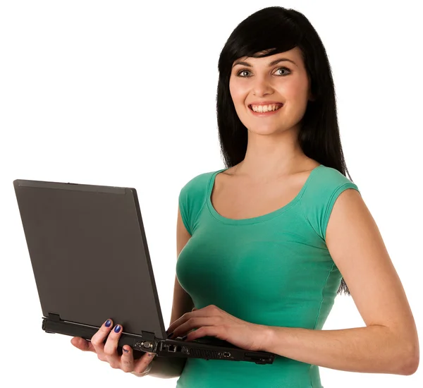 Attractive young woman with laptop isolated over white — Stock Photo, Image