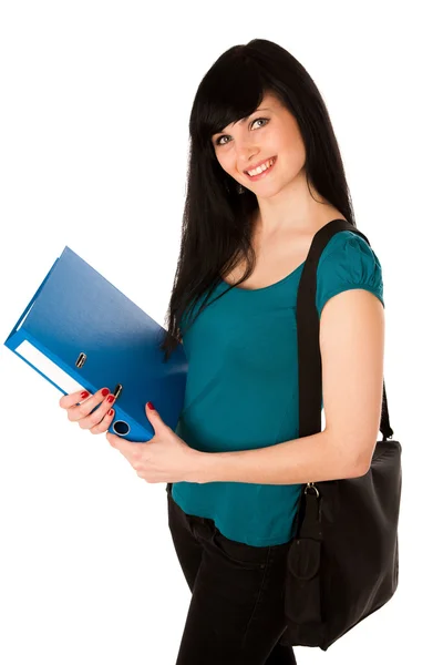 Молодая женщина студентка со школьной сумкой и папкой изолированы — стоковое фото