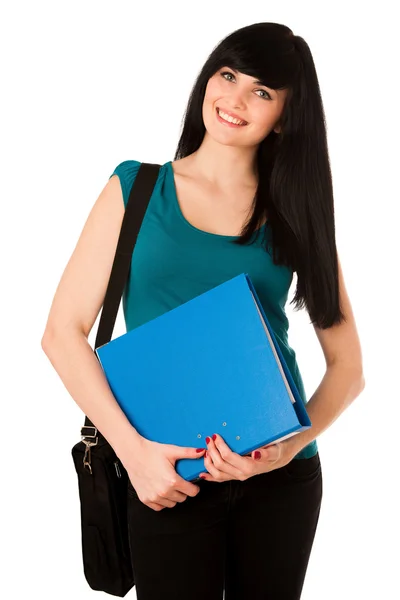 年轻的女学生的书包和孤立的文件夹 — 图库照片