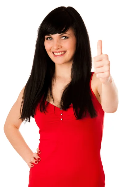 Beautiful young woman gesturing success showing thumb up — Stock Photo, Image