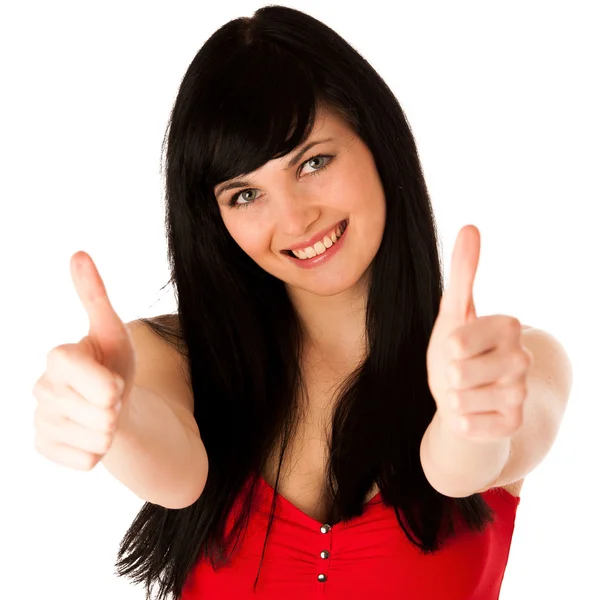 Beautiful young woman gesturing success showing thumb up — Stock Photo, Image