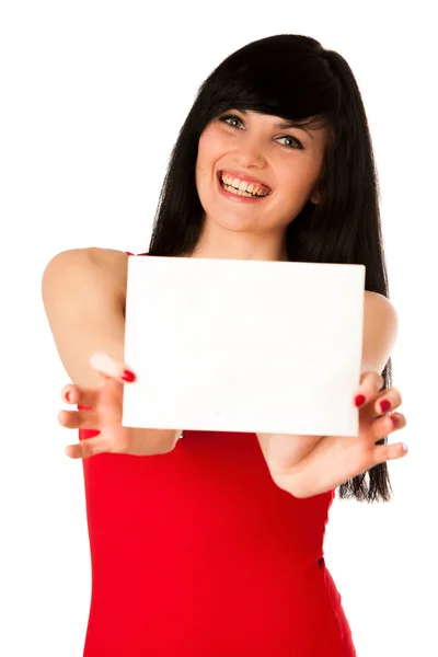 Nadšený, krásná mladá žena ukazuje prázdný papír, izolované — Stock fotografie