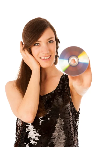 Genç güzel kadın dj ile onun elinde cd — Stok fotoğraf