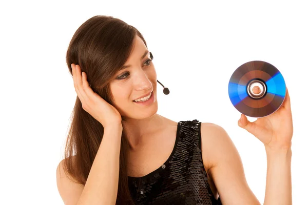 Jovem mulher bonita DJ com cd em sua mão — Fotografia de Stock