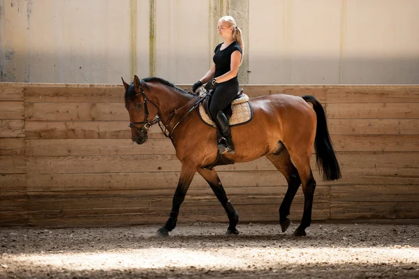 Hermosa joven rubia montando un caballo —  Fotos de Stock