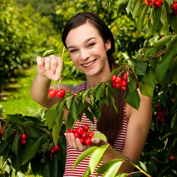Beautiful young woman eats cherry on plantation — Stock Photo, Image