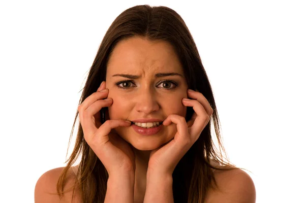 Donna spaventata - ragazza preda gesticolando paura — Foto Stock