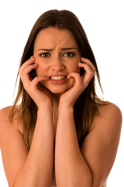 Donna spaventata - ragazza preda gesticolando paura — Foto Stock