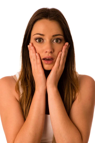 Frightened woman - preety girl gesturing fear — Stock Photo, Image