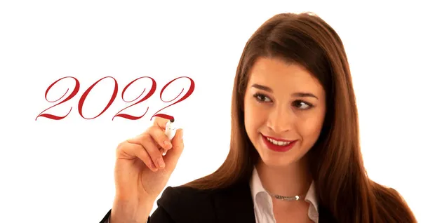 Business Woman Draw Market Transparent Board Isolated White 2022 Happy — Stock Photo, Image