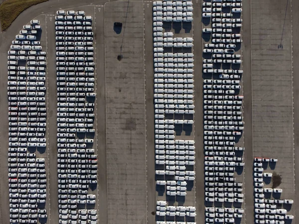 Aerial View Thousands Cars Parked Port Ready Distributed — Stock Photo, Image