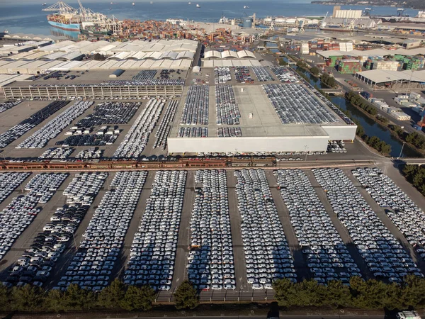 Aerial View Thousands Cars Parked Port Ready Distributed — Stock Photo, Image