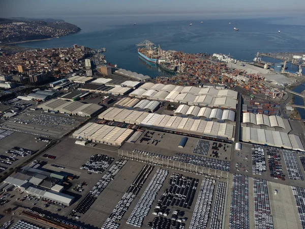 Aerial View Thousands Cars Parked Port Ready Distributed — Stock Photo, Image