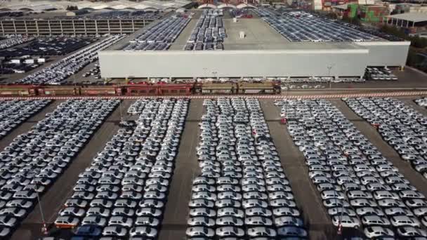 Vista Aérea Milhares Carros Estacionados Porto Prontos Para Serem Distribuídos — Vídeo de Stock