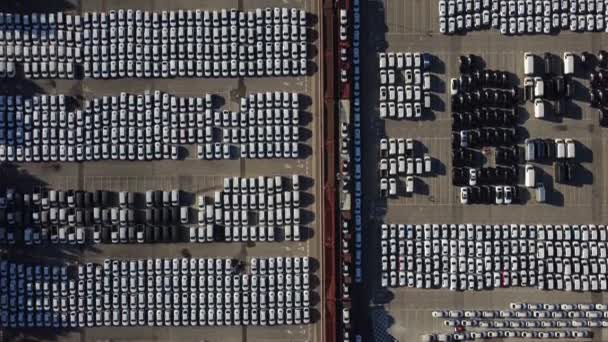 停放在港口准备分发的数千辆汽车的航拍图 — 图库视频影像