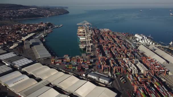 Container Ship Loading Unloading Deep Sea Port Aerial View Business — Stock Video